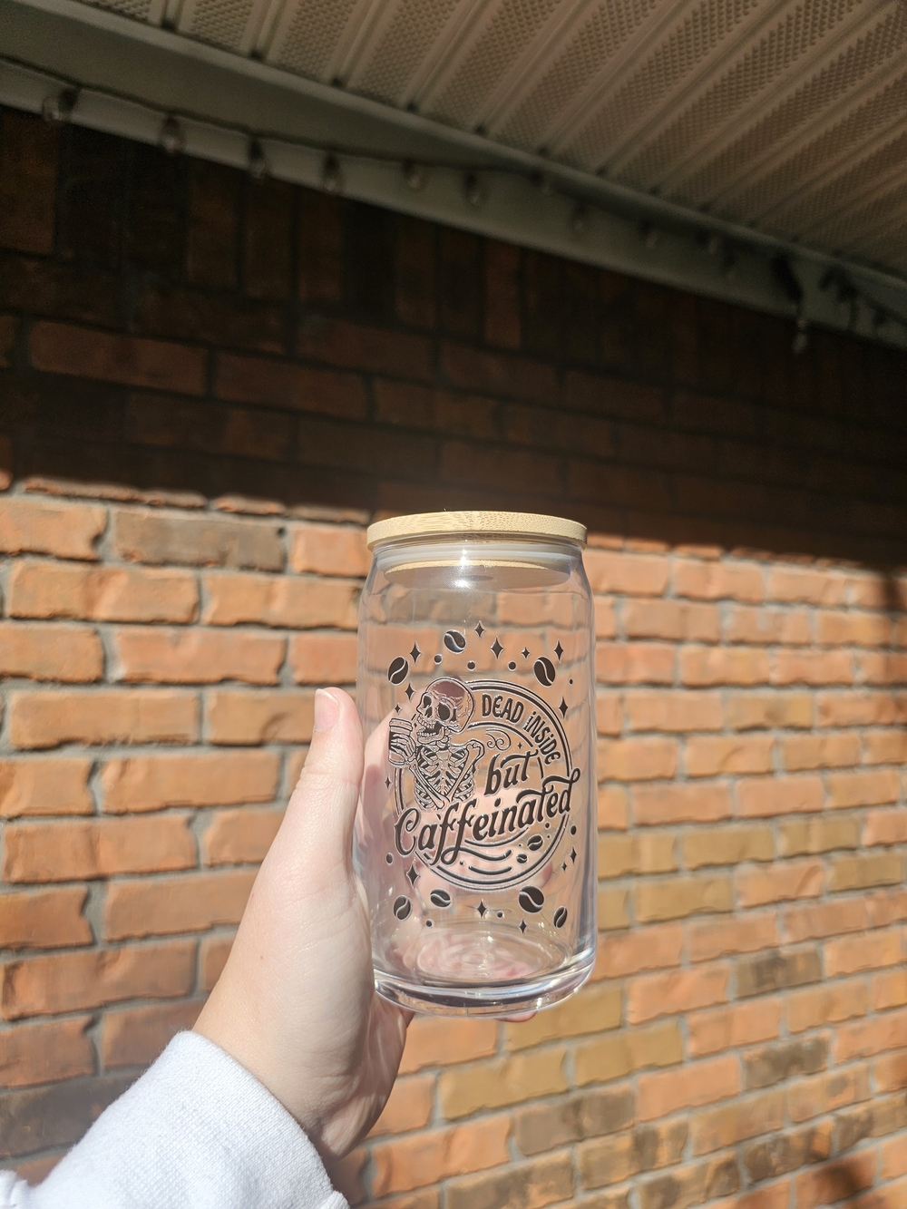 Clear 'Dead Inside But Caffeinated' Glass Water Bottle with Bamboo Lid